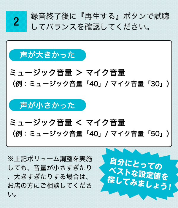 録音終了後に『再生する』ボタンで試聴してバランスを確認してください。