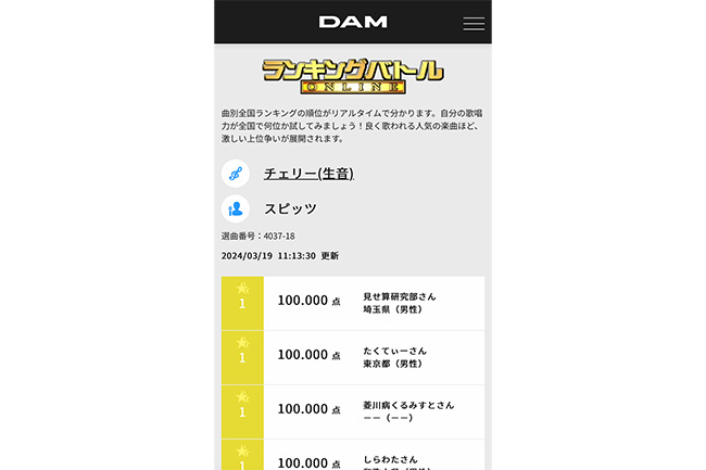 順位一覧からTOP100位までの得点が確認可能！　挑戦者数が100人に満たない場合は、全員が表示される