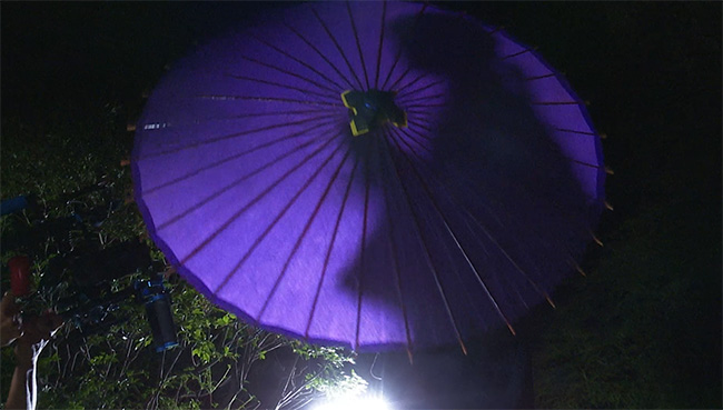 和傘に映る葉山さんのシルエット